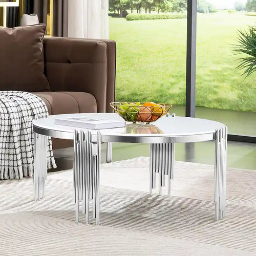 35-Zoll-runder Couchtisch aus gehärtetem Glas mit poliertem, mehrrohrigem Zylinderfuß