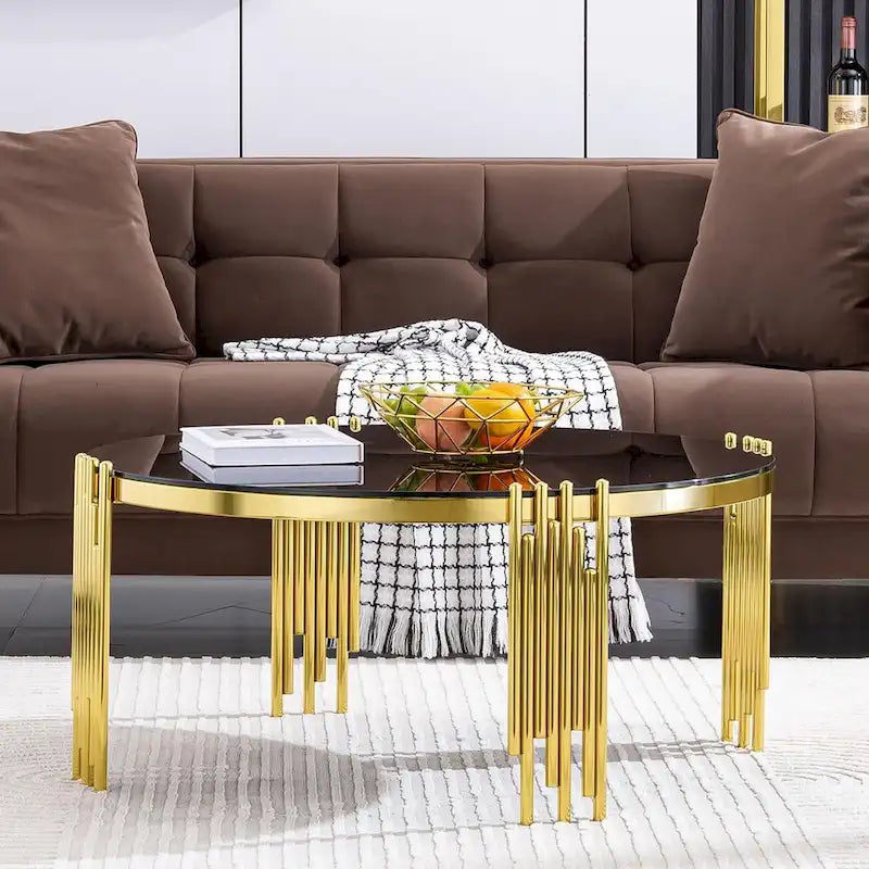 35-Inch Round Tempered Glass Coffee Table with Polished Multi-Tube Cylindrical Base