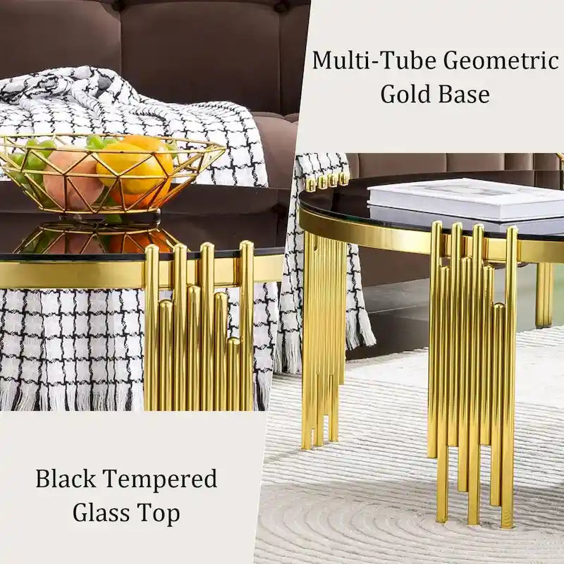 35-Inch Round Tempered Glass Coffee Table with Polished Multi-Tube Cylindrical Base