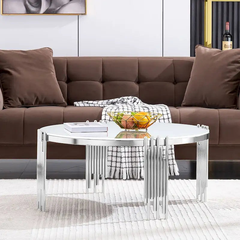 35-Zoll-runder Couchtisch aus gehärtetem Glas mit poliertem, mehrrohrigem Zylinderfuß