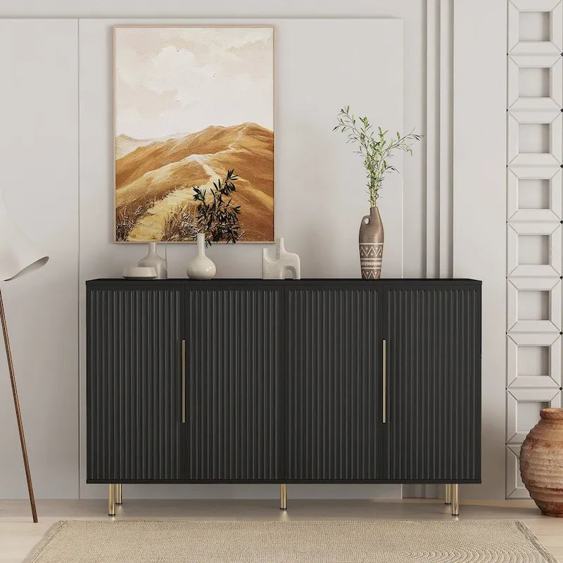 Modern Fluted Sideboard Buffet Cabinet with Adjustable Shelves & Metal Handles