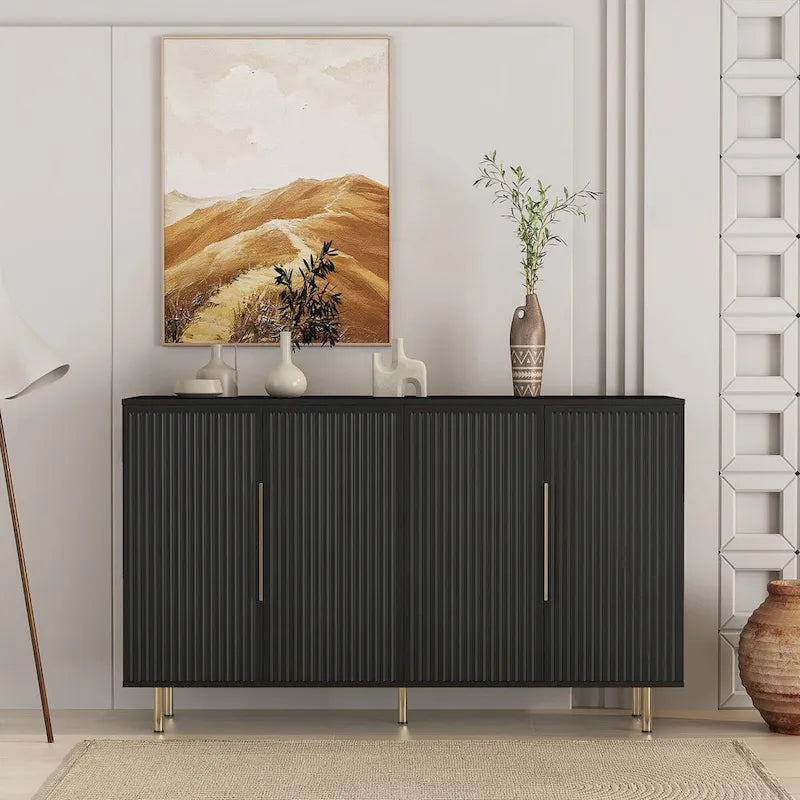 Black Modern Buffet Cabinet with Storage, Fluted Sideboard Large Buffet with Adjustable Shelves, Credenza, Accent Cabinet