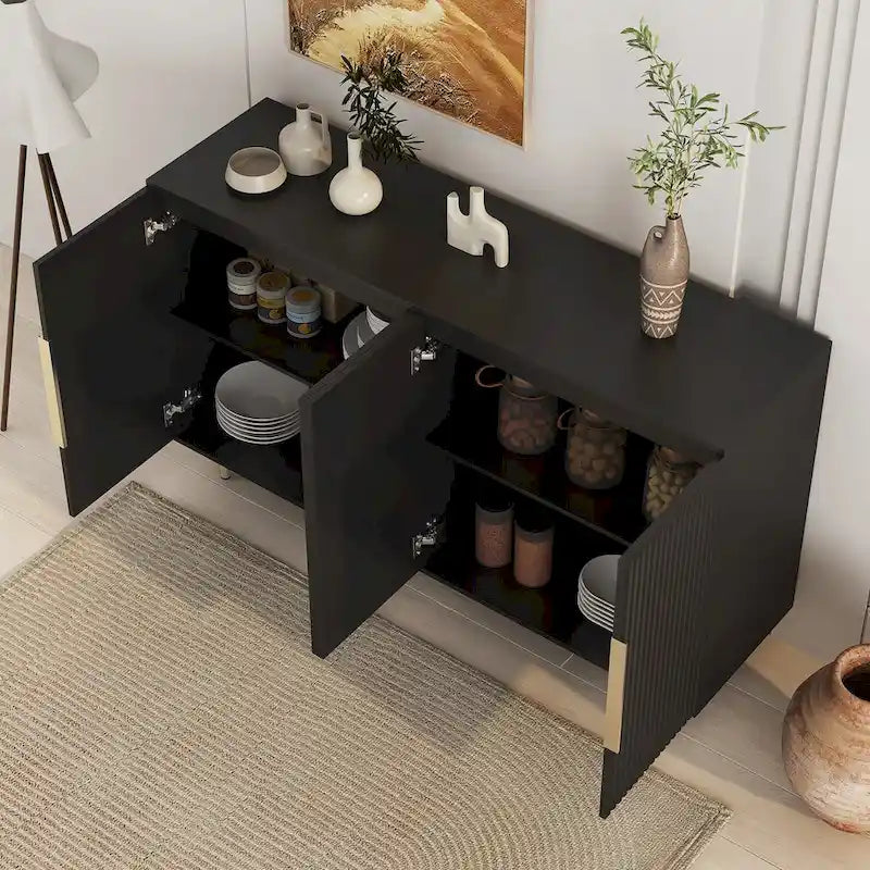 Modern Fluted Sideboard Buffet Cabinet with Adjustable Shelves & Metal Handles