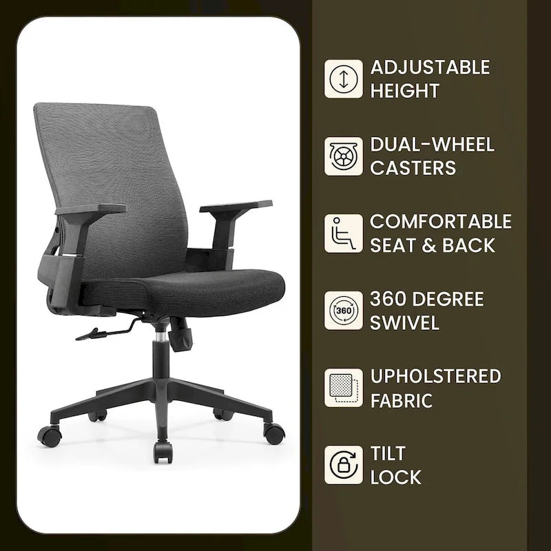 Adjustable Mid-Back Office Chair with 360° Swivel, Tilt & Lumbar Support