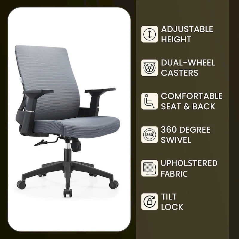 Adjustable Mid-Back Office Chair with 360° Swivel, Tilt & Lumbar Support