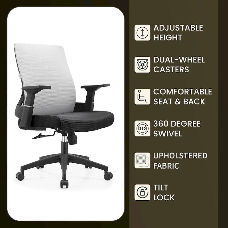 Adjustable Mid-Back Office Chair with 360° Swivel, Tilt & Lumbar Support