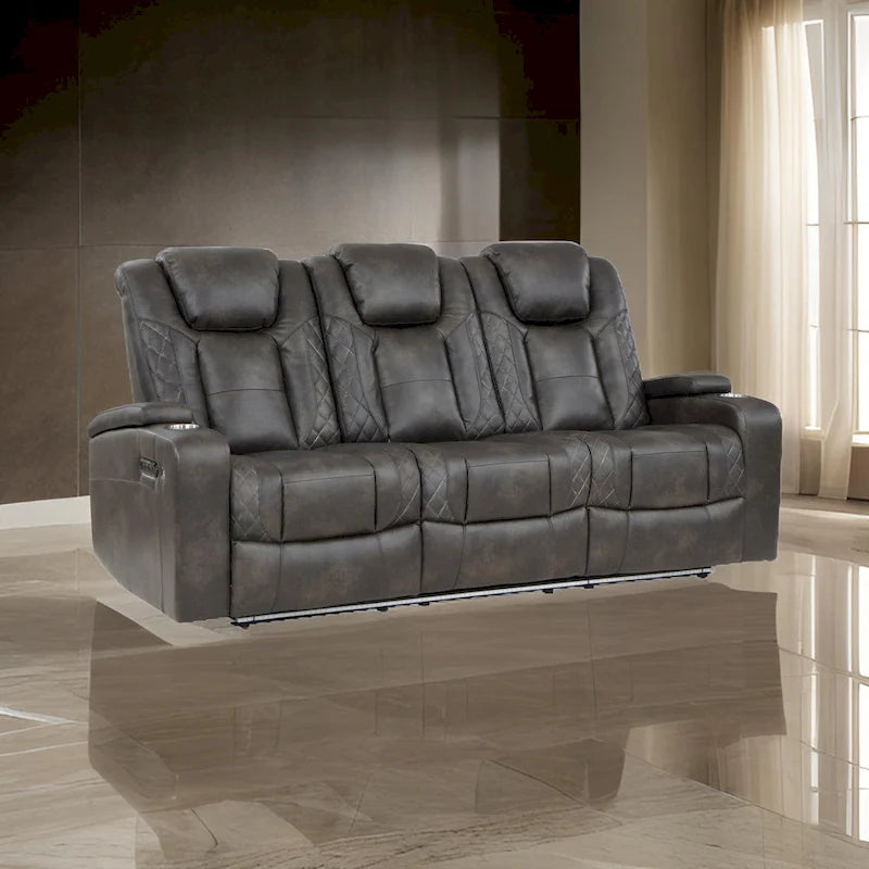 Mia 83 Inch Power Double Recliner Sofa, Gray Faux Leather, USB, Drop Table
