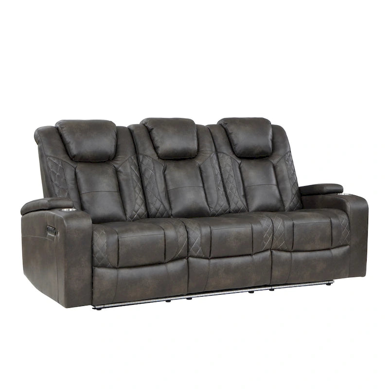 83" Power Double Recliner Sofa – Faux Leather with USB, Drop Table & LED Lighting