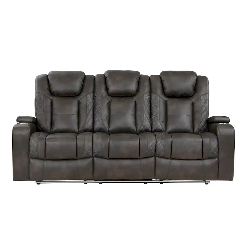 83" Power Double Recliner Sofa – Faux Leather with USB, Drop Table & LED Lighting