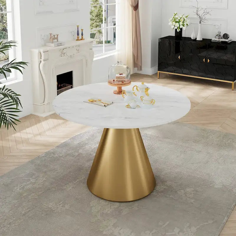 48-Inch Round Marble Dining Table with Conical Base, Seats 4-6, Modern Style