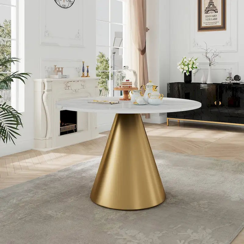 48-Inch Round Marble Dining Table with Conical Base, Seats 4-6, Modern Style
