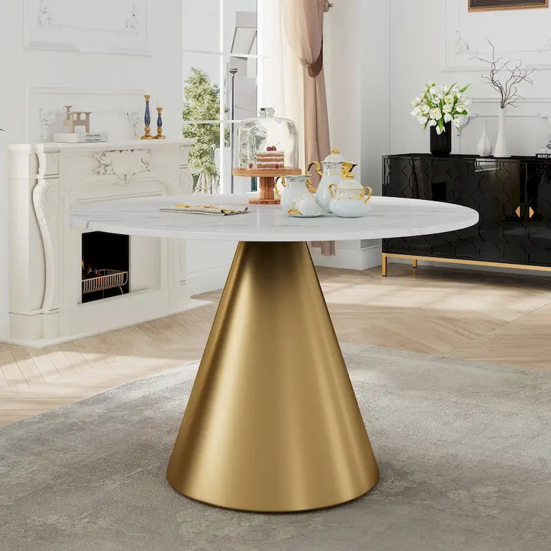 48-Inch Round Marble Dining Table with Conical Base, Seats 4-6, Modern Style