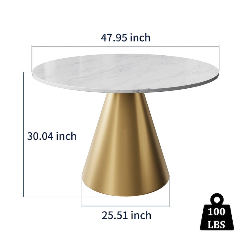 48-Inch Round Marble Dining Table with Conical Base, Seats 4-6, Modern Style