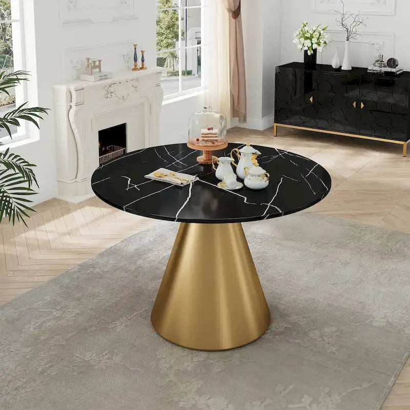 48-Inch Round Marble Dining Table with Conical Base, Seats 4-6, Modern Style