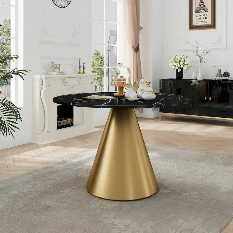 48-Inch Round Marble Dining Table with Conical Base, Seats 4-6, Modern Style