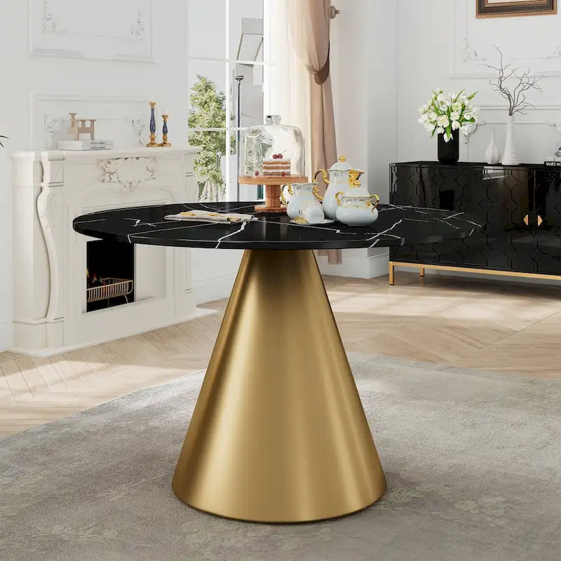 48-Inch Round Marble Dining Table with Conical Base, Seats 4-6, Modern Style