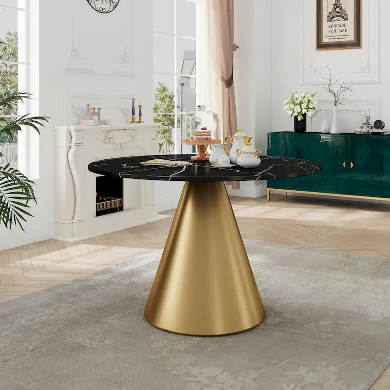 48-Inch Round Marble Dining Table with Conical Base, Seats 4-6, Modern Style