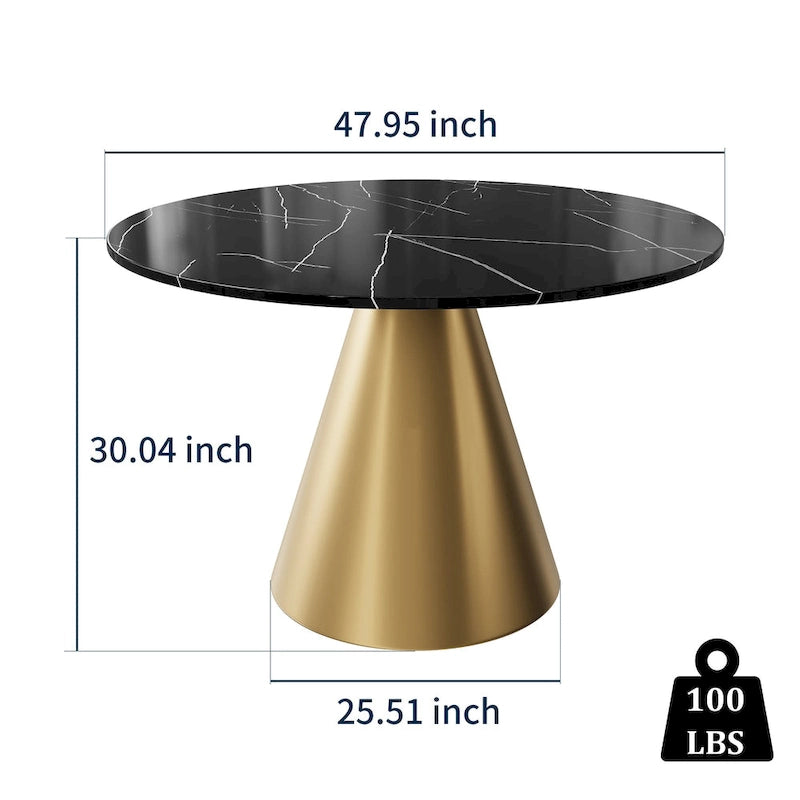 48-Inch Round Marble Dining Table with Conical Base, Seats 4-6, Modern Style