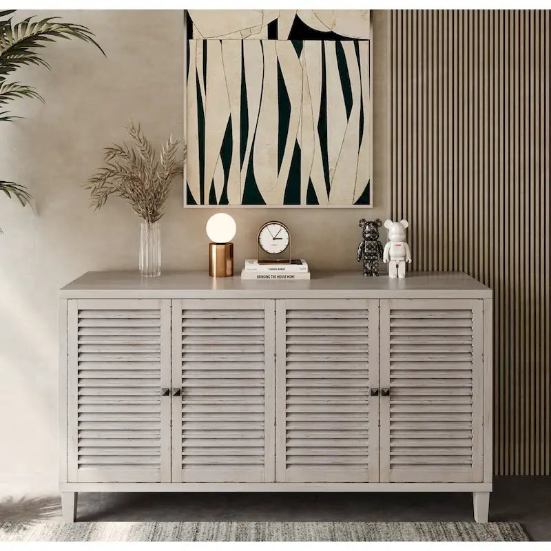 4 Shutter Door Sideboard Buffet Cabinet – Whitewash Finish