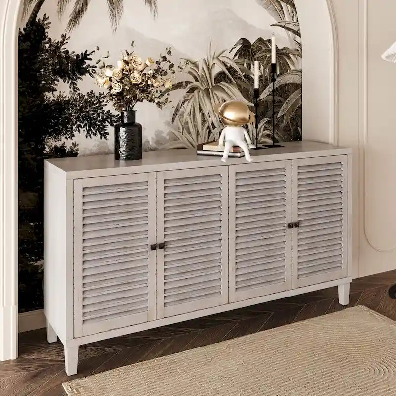 4 Shutter Door Sideboard Buffet Cabinet – Whitewash Finish
