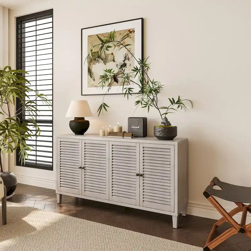 4 Shutter Door Sideboard Buffet Cabinet – Whitewash Finish