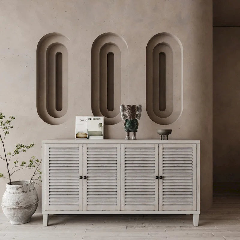 4 Shutter Door Sideboard Buffet Cabinet – Whitewash Finish