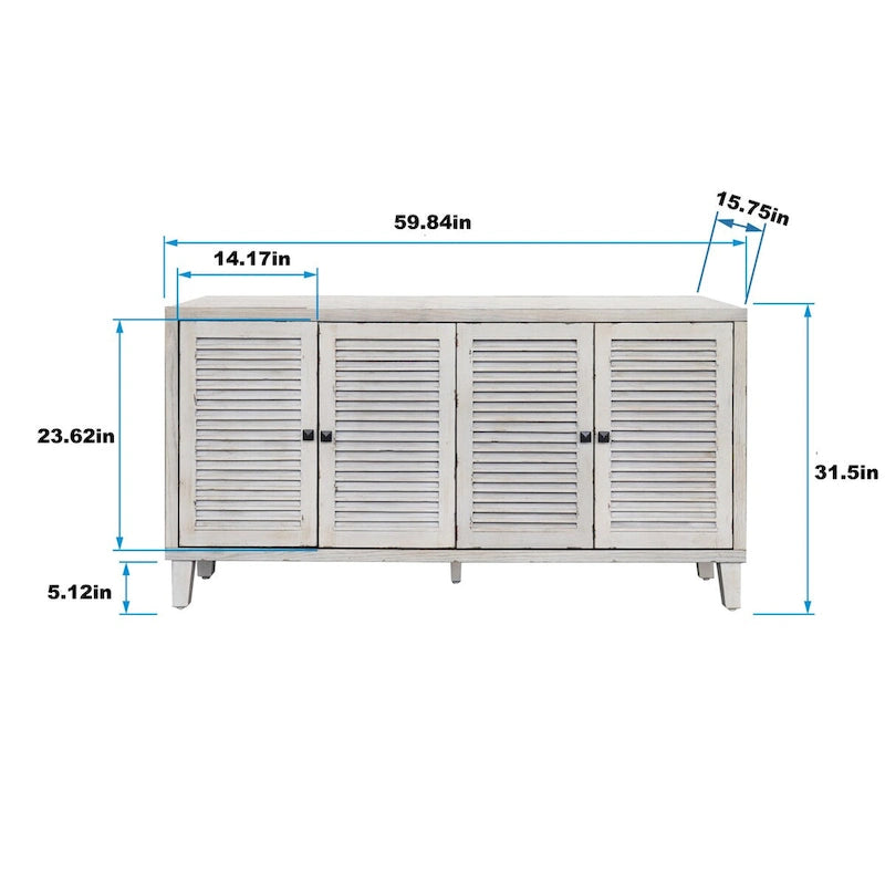 4 Shutter Door Sideboard Buffet Cabinet – Whitewash Finish