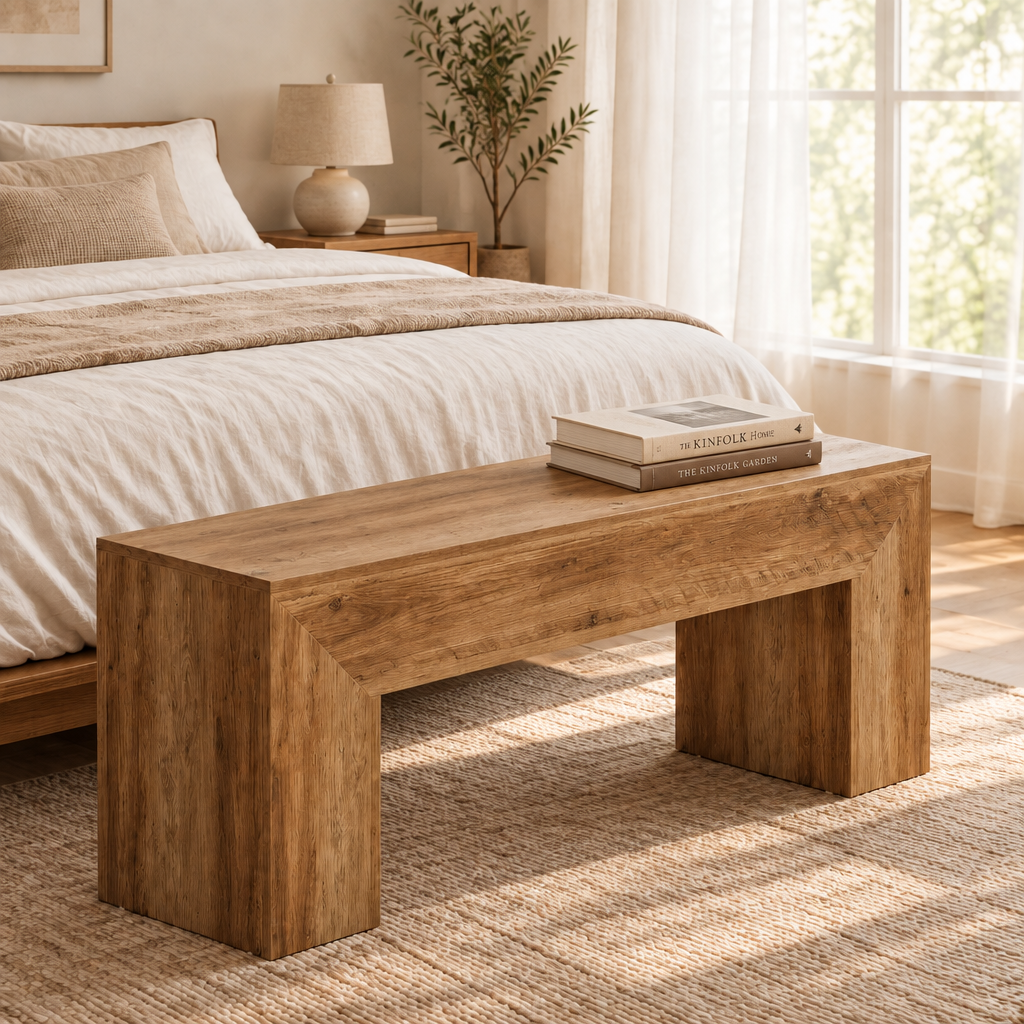 Oak Wood Bench Indoor Scene - No Blanket