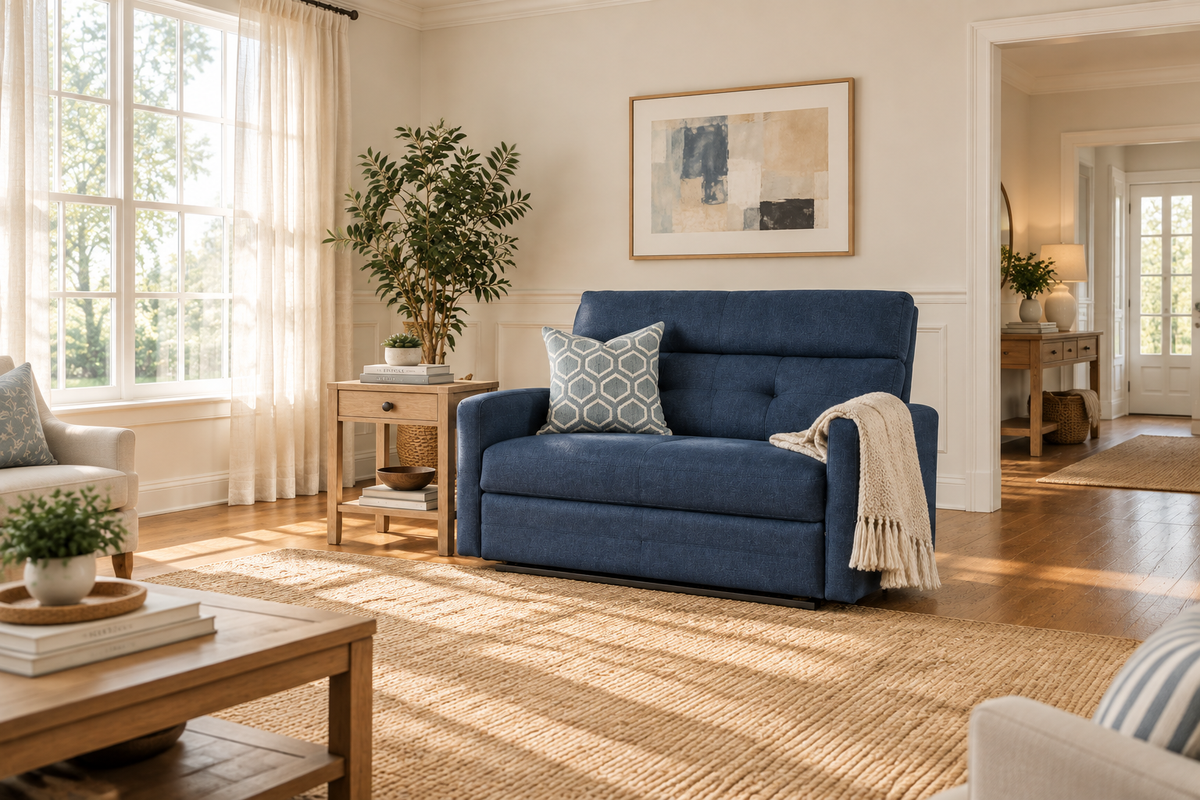 Wide angle living room with navy loveseat